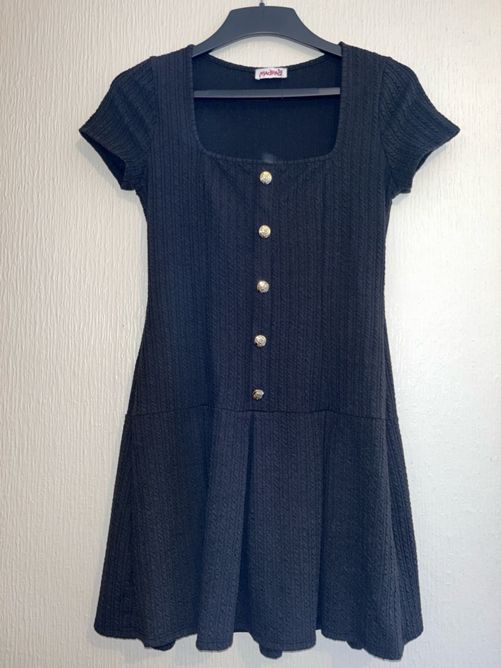 Madewell Black Short-Sleeve Knit Mini Dress with Gold Buttons